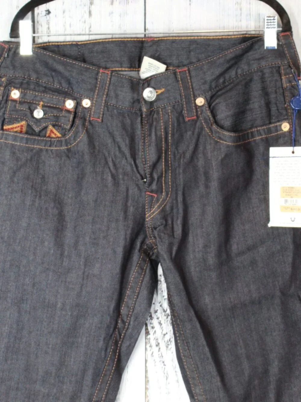 NWT True Religion Straight Leg Flap Jeans Sunset Logo Orange Red Stitch 33